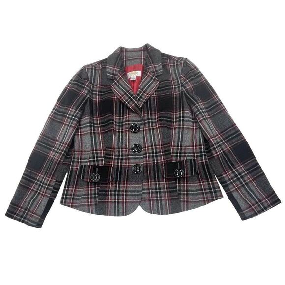 Talbots Vintage Gray Red Plaid Wool Blend Blazer Jacket Buttons Women's Sz 12P - Picture 1 of 12